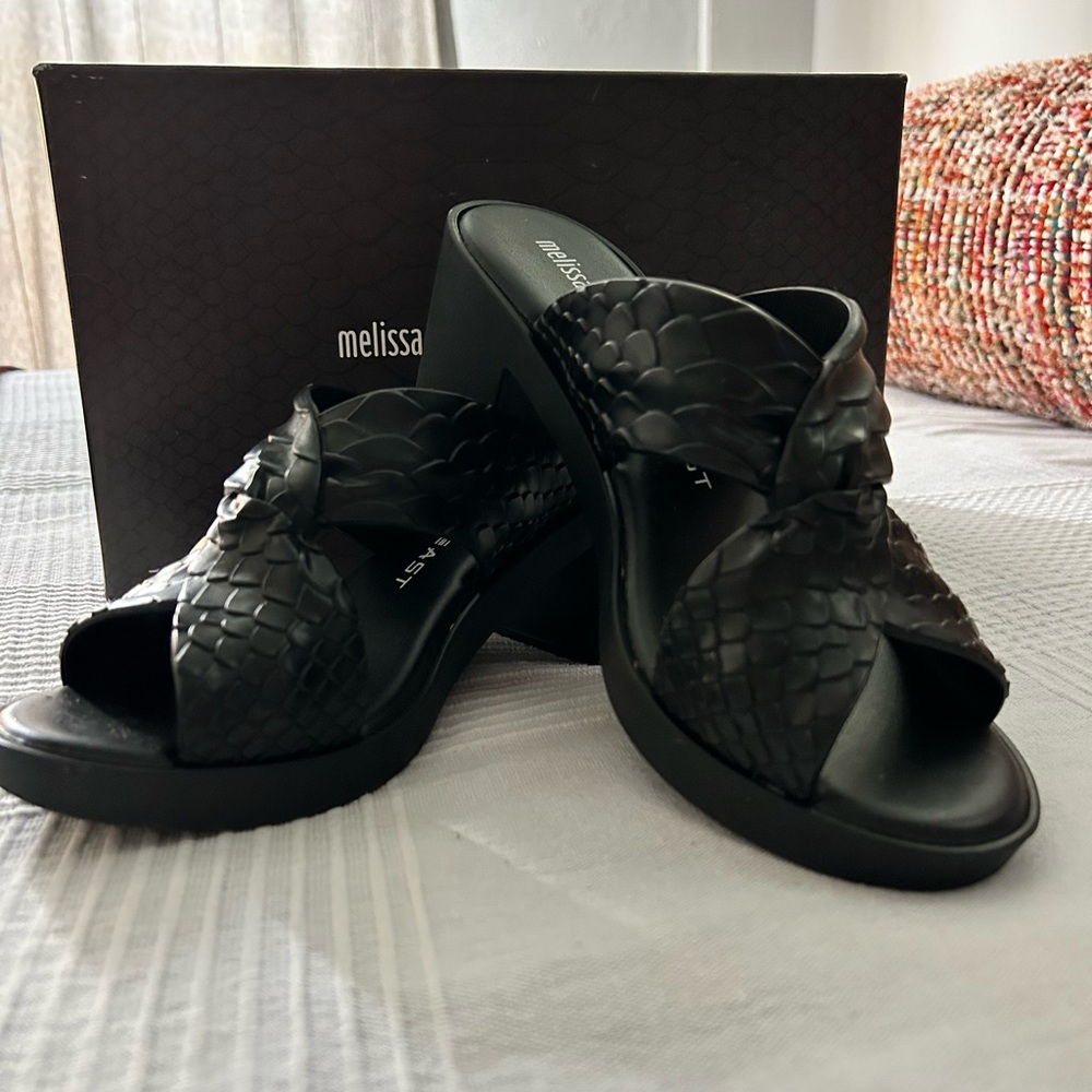 Melissa & Baja East Collaboration Black Strappy Sandals with Reptile Print